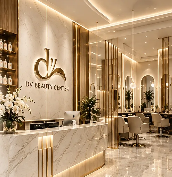 Interior salon DV Beauty dengan meja resepsionis marmer dan aksen emas